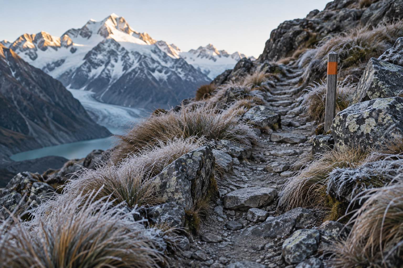 A frosted rocky track with an orange-banded marker post and a glacier in the distance