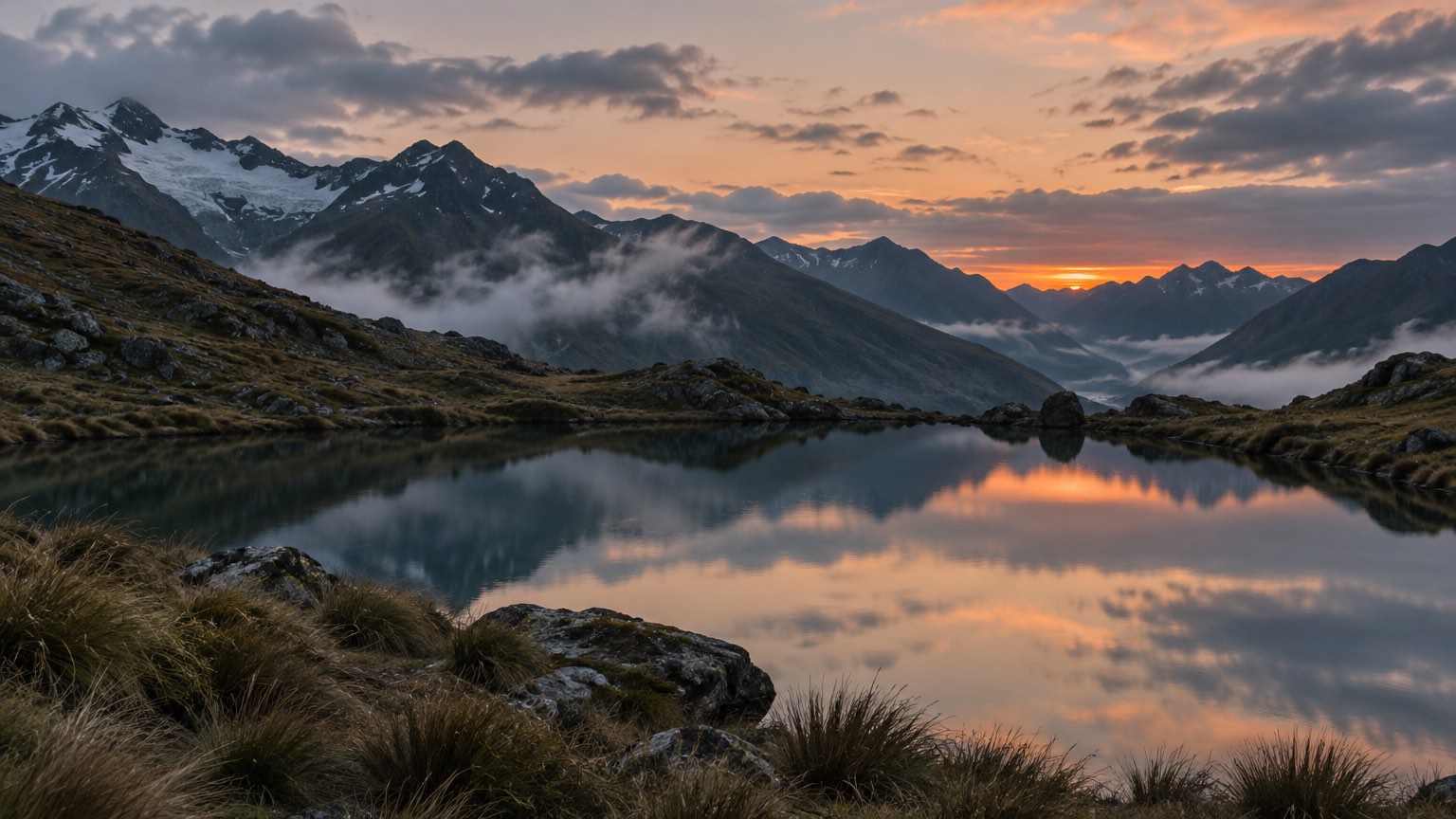 A still alpine tarn at dusk under a peach and slate sky