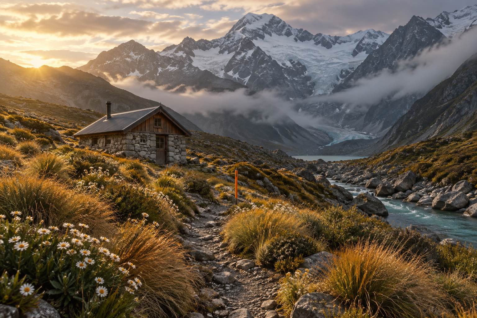 A stone hut on a sunlit meadow of tussock and white daisies above a glacial stream, with an orange marker pole on the path