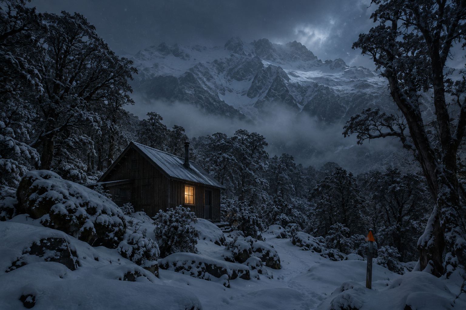 A timber hut with one lit window in a snowy beech forest at night, an orange marker on a post in the snow