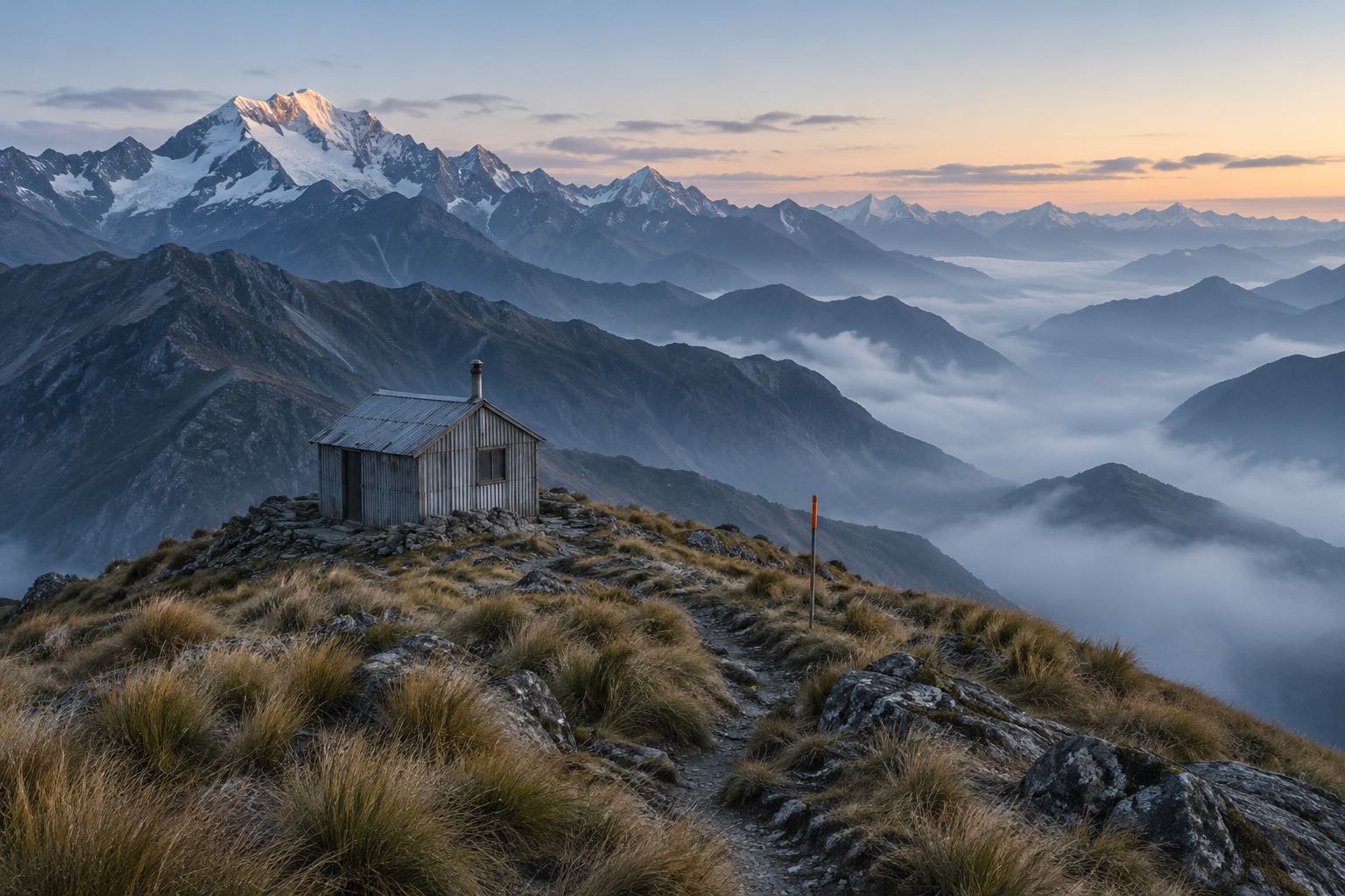 A small corrugated-iron hut on a ridge above a sea of cloud, with an orange marker pole beside the track