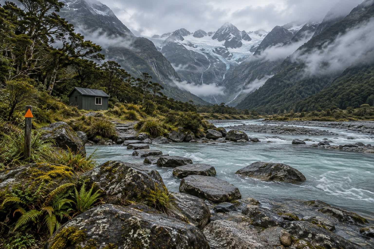A green hut beside a braided glacial river in a misty mountain valley, with an orange marker pole in the foreground