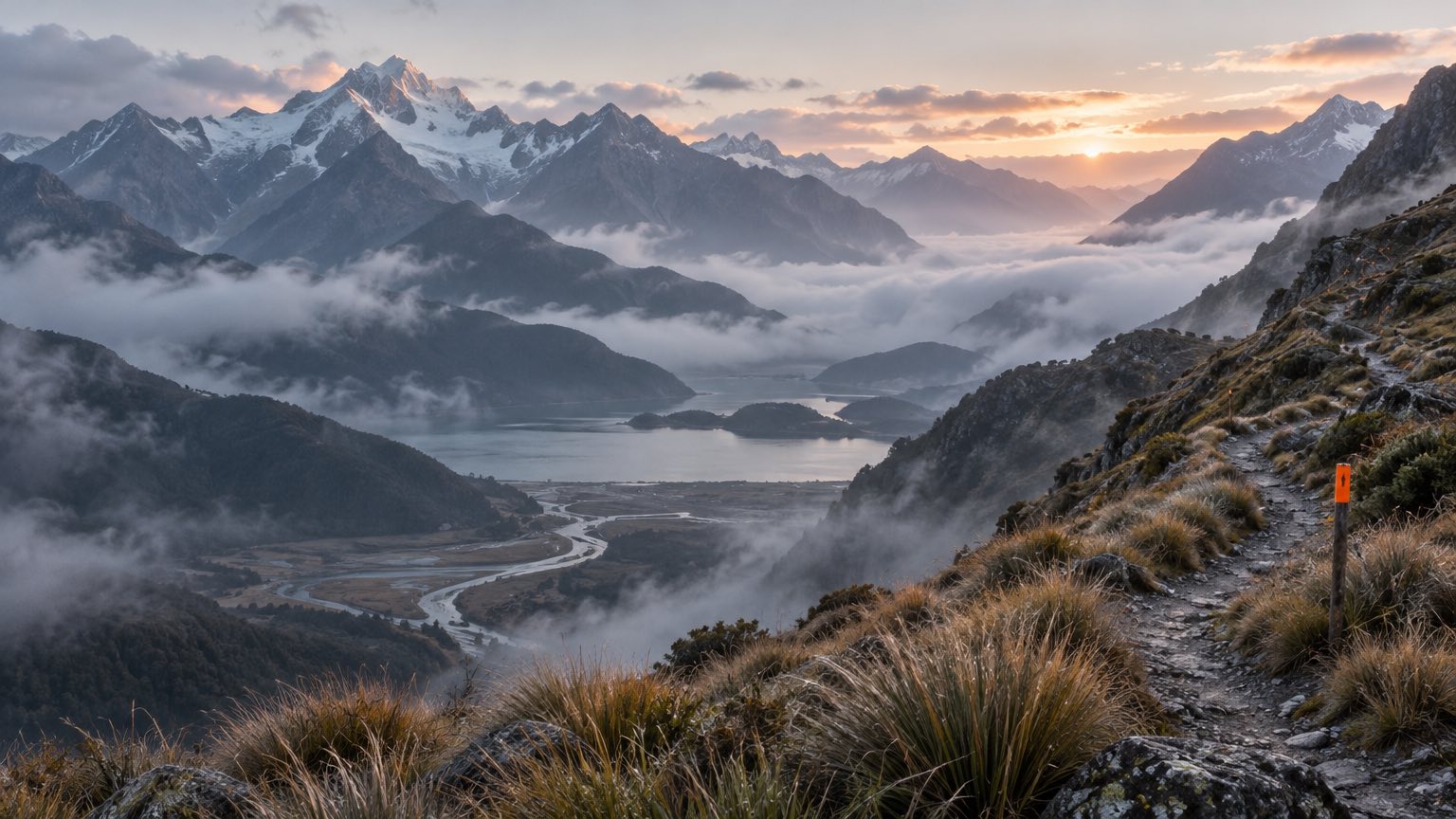 Misty alpine valley at sunrise, a braided river below and a marked track crossing the grassy slope in the foreground